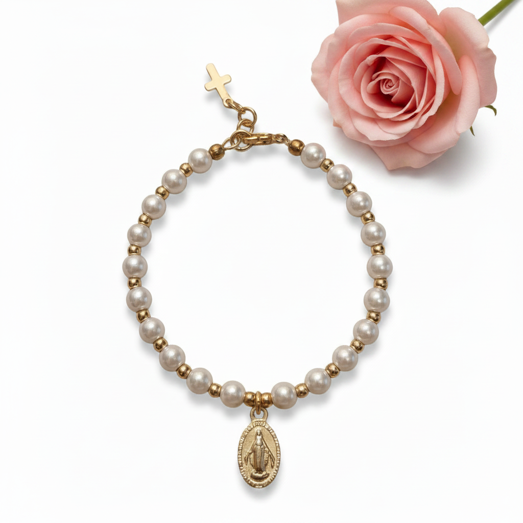 Women’s 5mm Pearl Bracelet with Gold Miraculous Medal