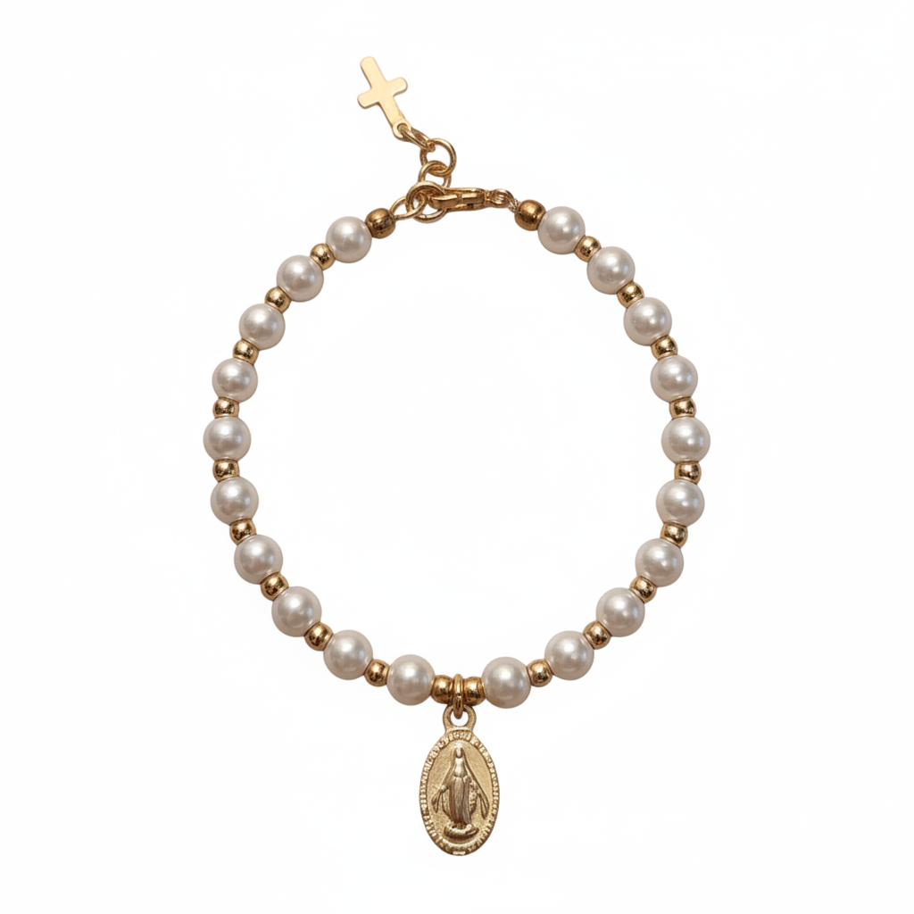Women’s 5mm Pearl Bracelet with Gold Miraculous Medal