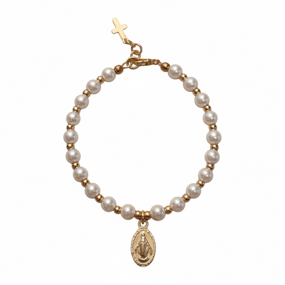 Women’s 5mm Pearl Bracelet with Gold Miraculous Medal