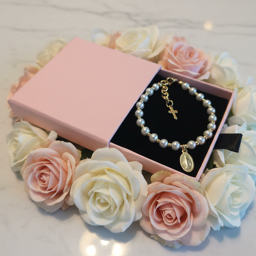Women’s 5mm Pearl Bracelet with Gold Miraculous Medal