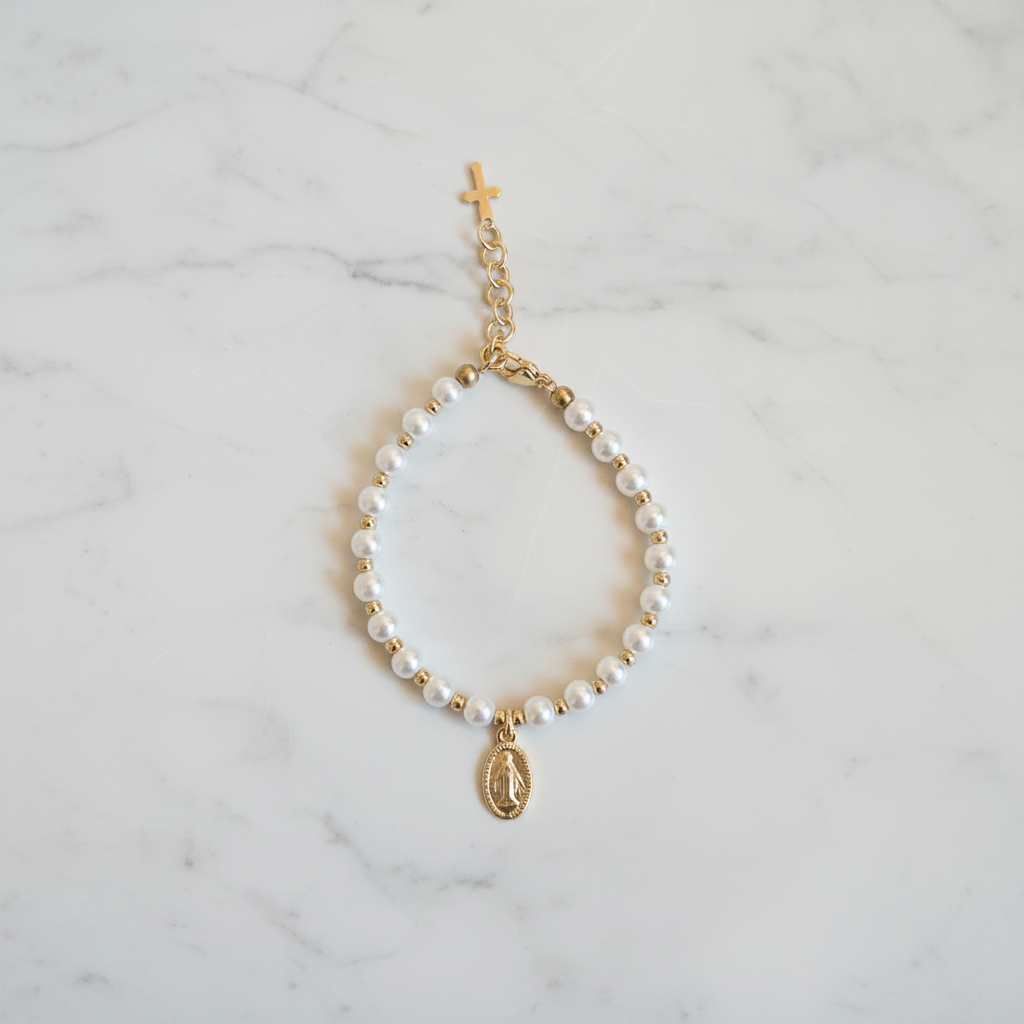 Women’s 5mm Pearl Bracelet with Gold Miraculous Medal